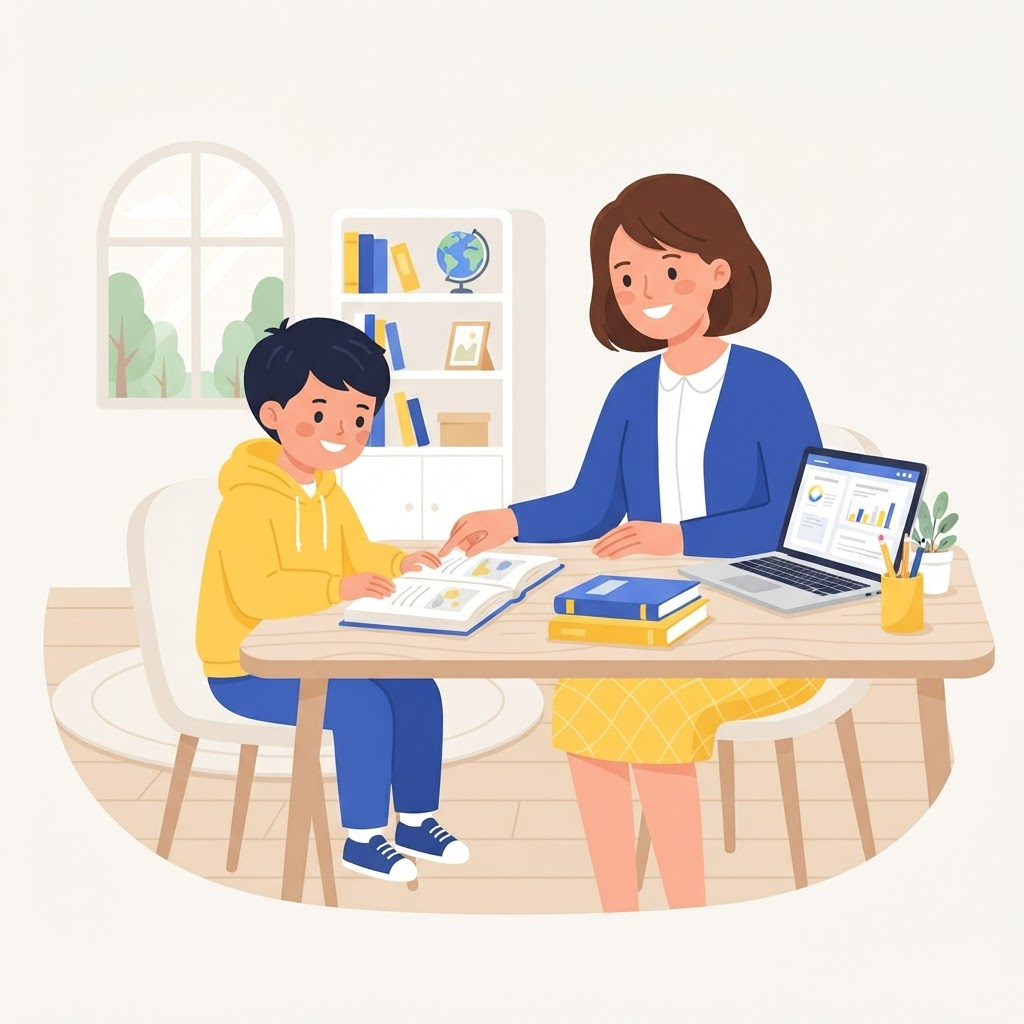 A home tutor teaching a student at a study desk